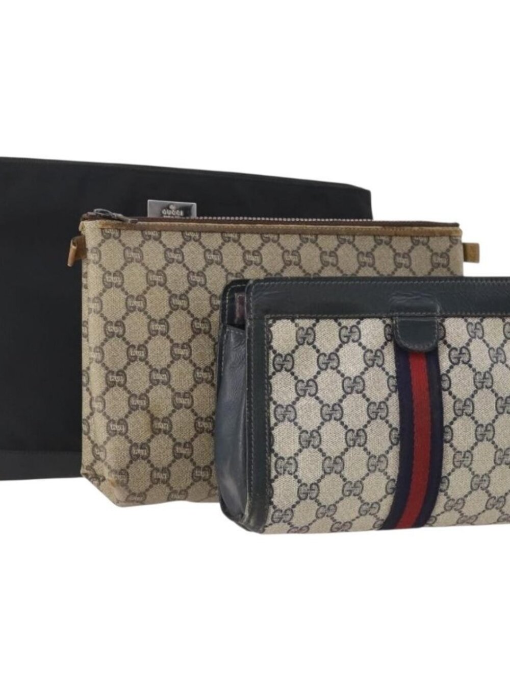 GUCCI GG Supreme Plus Sherry Line Clutch Bag PVC 3 Set Black Beige Auth 166799